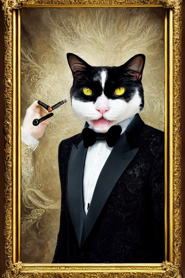 Whimsical portrait of cat with human body in tuxedo