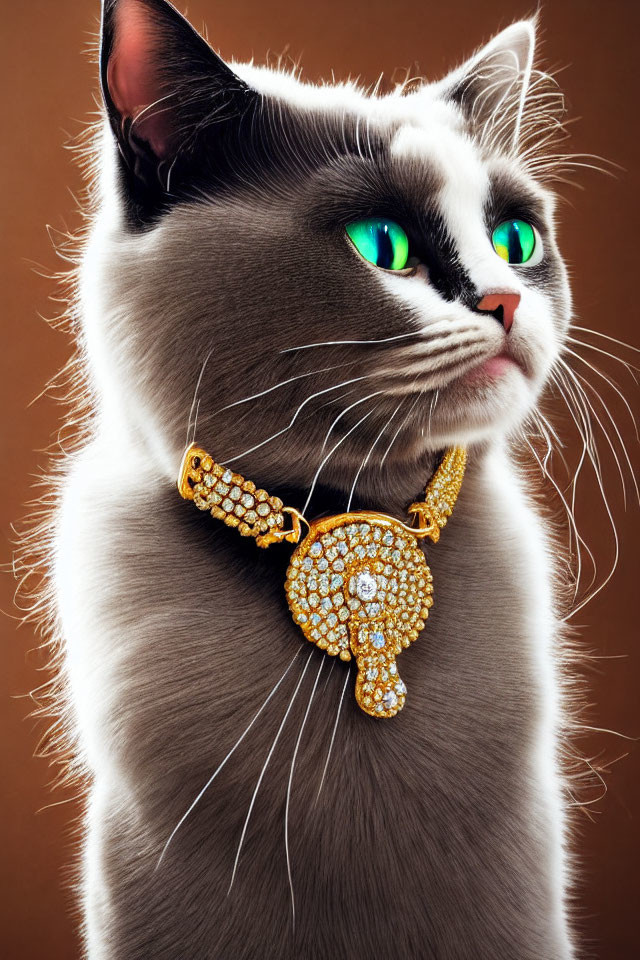 Gray and White Cat with Green Eyes Wearing Golden Necklace on Brown Background