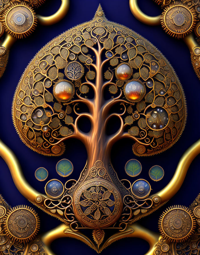 Intricate Golden Tree with Recursive Patterns and Spherical Ornaments