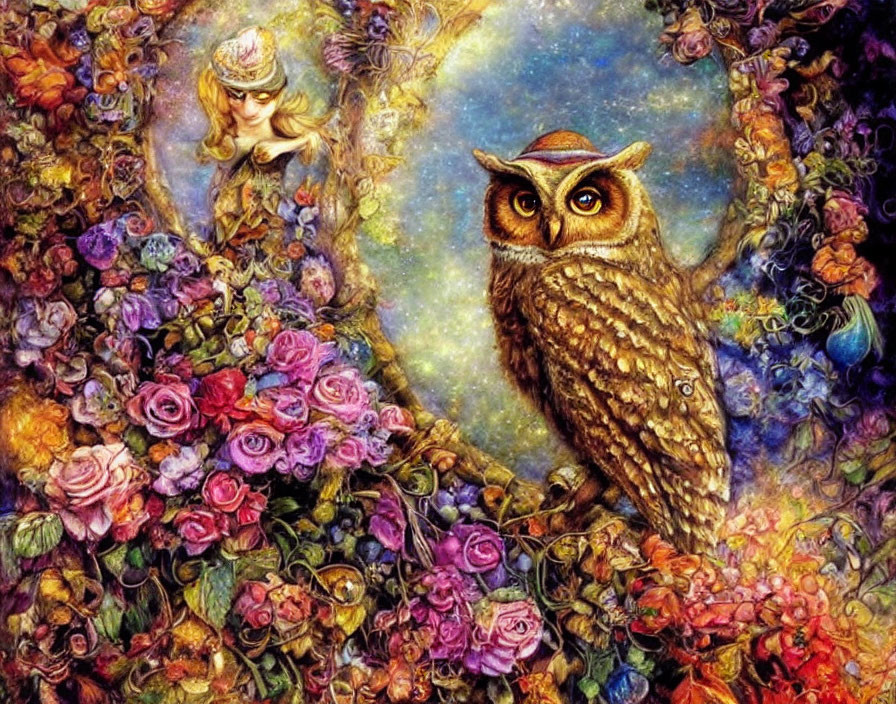 Colorful Artwork: Owl and Woman's Face Among Flowers in Vibrant Background