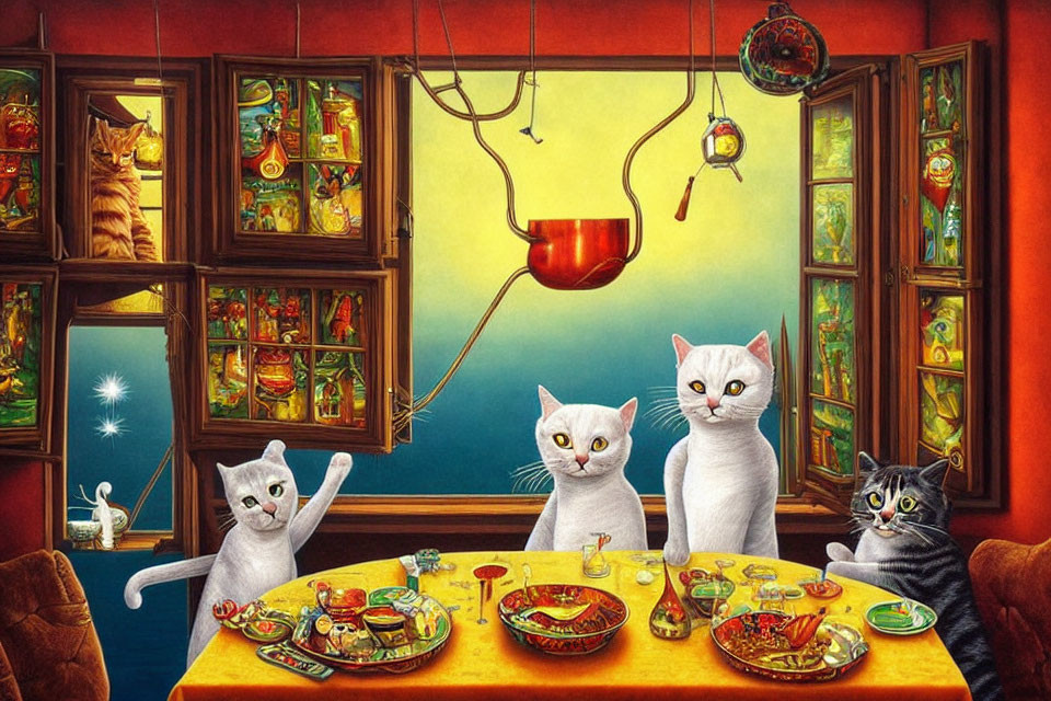 Four Cats Dining in Colorful Room with Blue Sky View