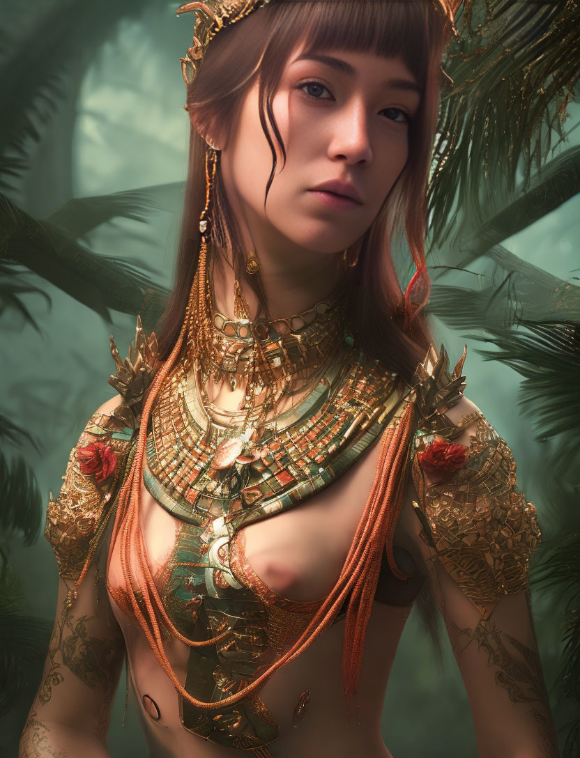 Woman adorned with golden jewelry and tattoos in tropical setting