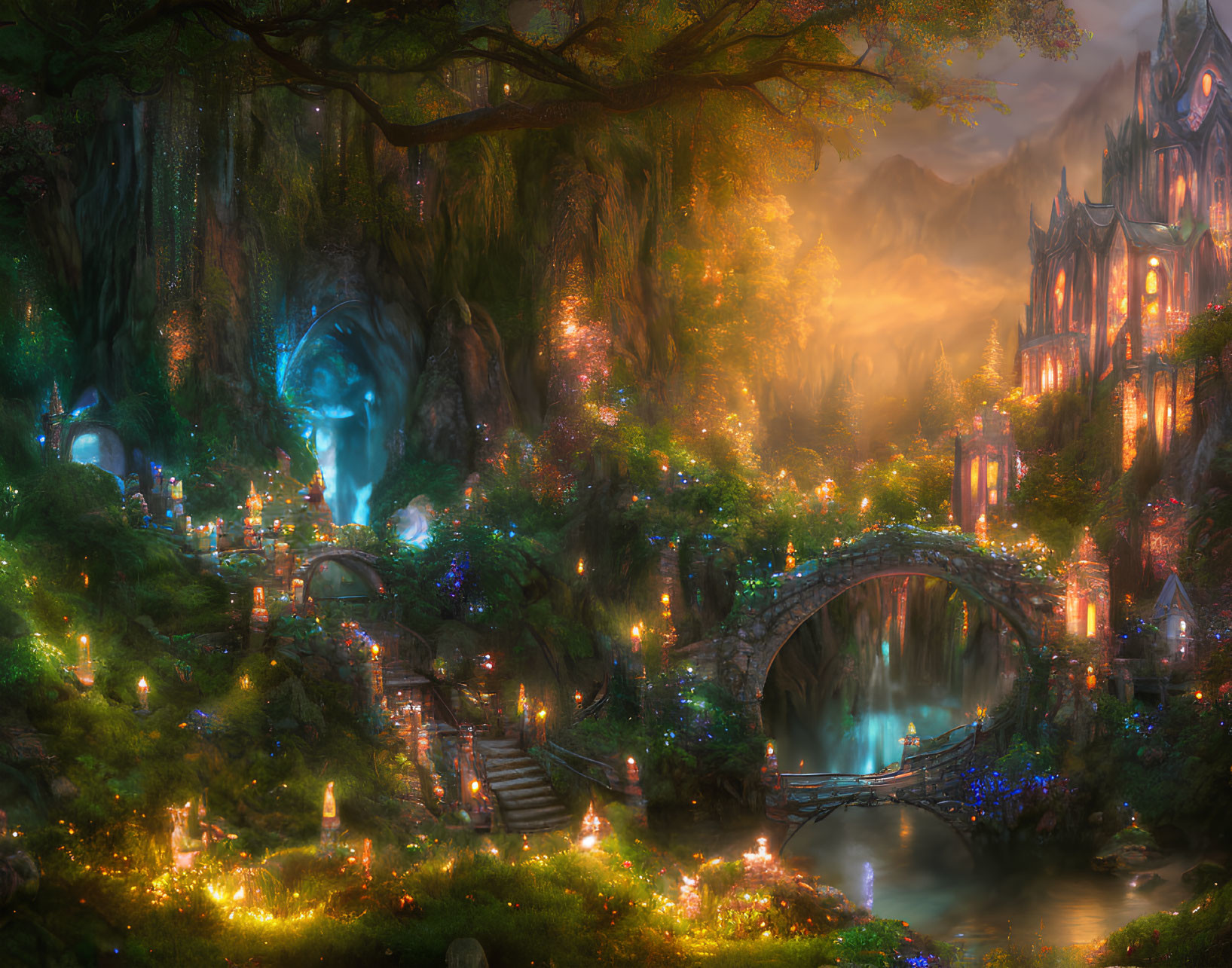 Enchanting forest scene with glowing lights, ornate bridge, and mystical castle