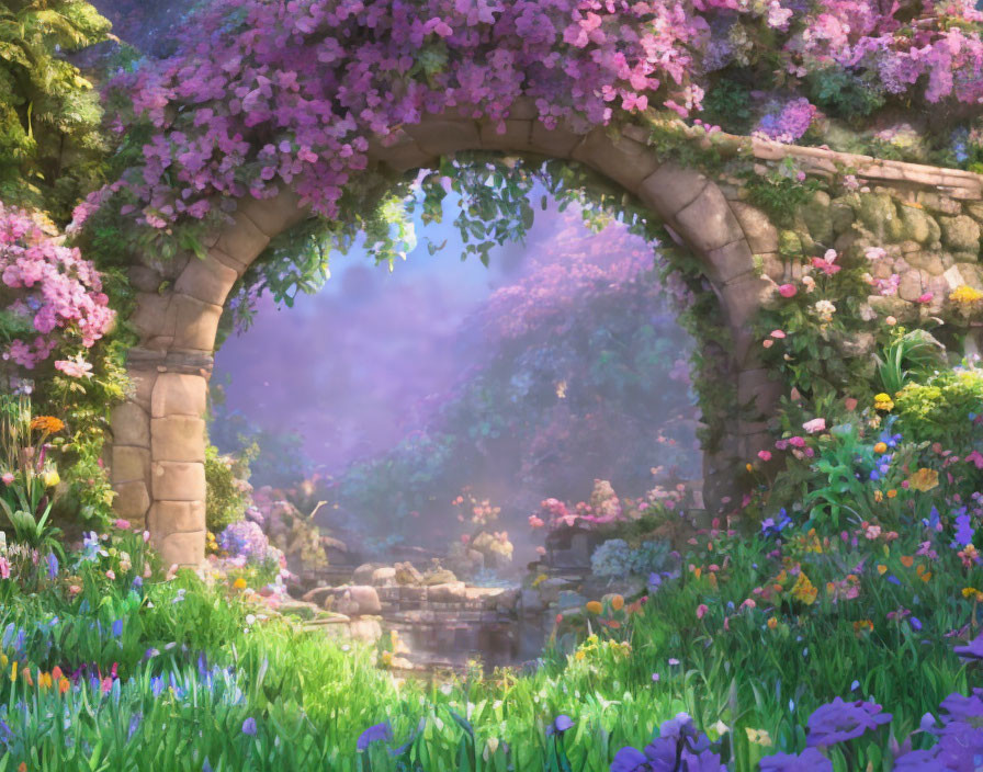 Tranquil garden with stone archway and blooming wisteria