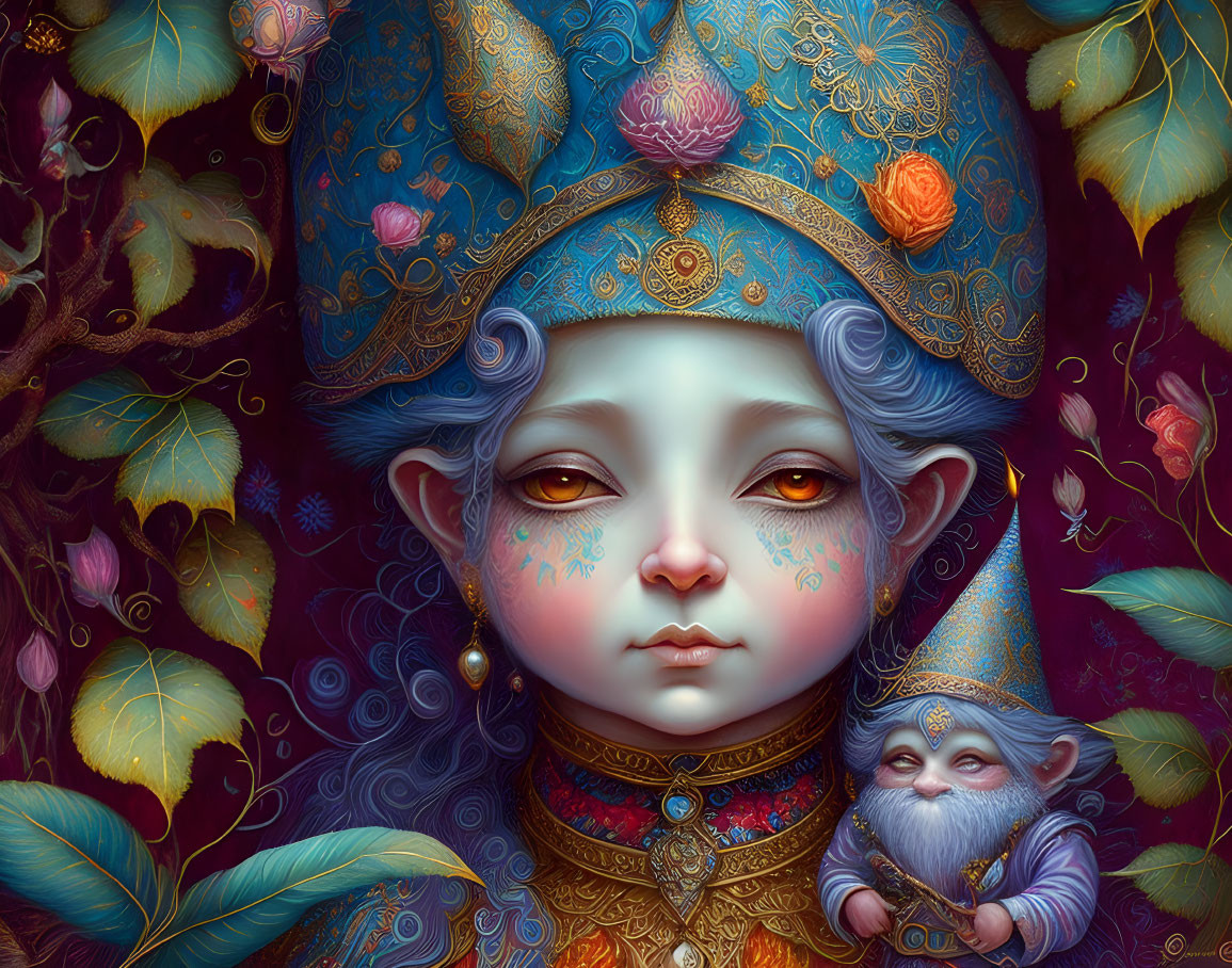 Child with ornate blue headgear and golden eyes surrounded by leaves and a small blue creature.