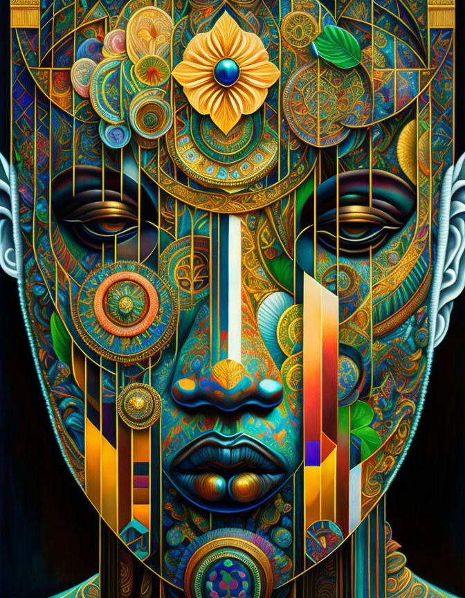 Colorful digital artwork: Stylized face with intricate patterns, geometric shapes, and floral motifs.