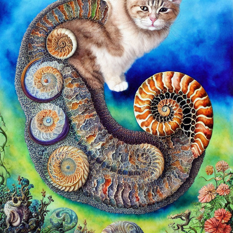 Whimsical cat and nautilus shell fusion in vibrant garden