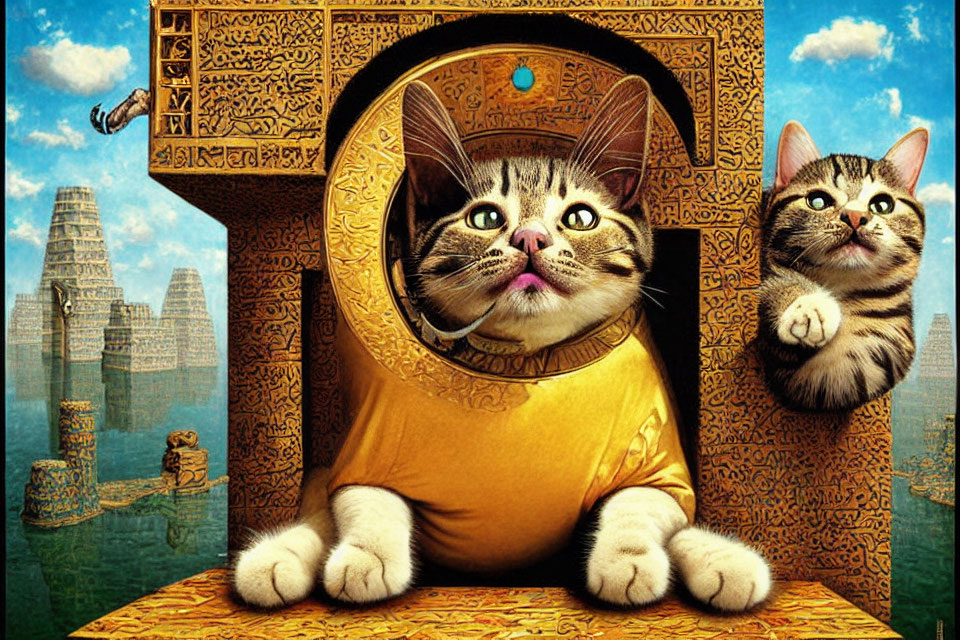 Illustrated cats in ancient Egyptian attire with pyramids and greenery backdrop.