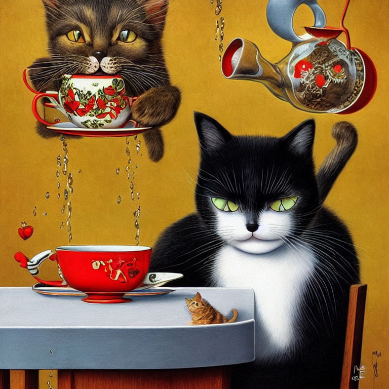 Anthropomorphic cats at table with whimsical elements