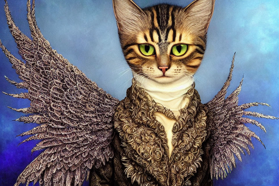 Cat with Feathered Wings in Regal Attire on Blue Gradient Background