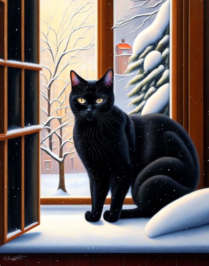 Black Cat on Windowsill with Snowy Landscape and Frosted Trees