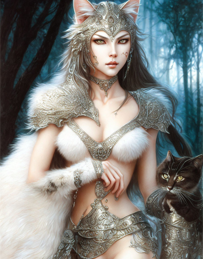 Fantasy illustration of woman with cat-like features in elaborate armor with black cat in mystical forest.