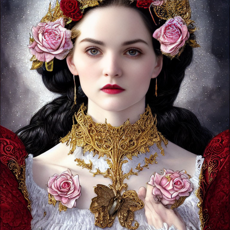 Portrait of woman with pale skin, dark hair, roses, white dress with gold lace, holding rose
