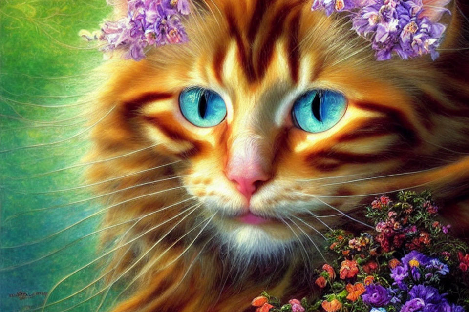 Orange Tabby Cat with Blue Eyes and Purple Flowers Among Colorful Blooms