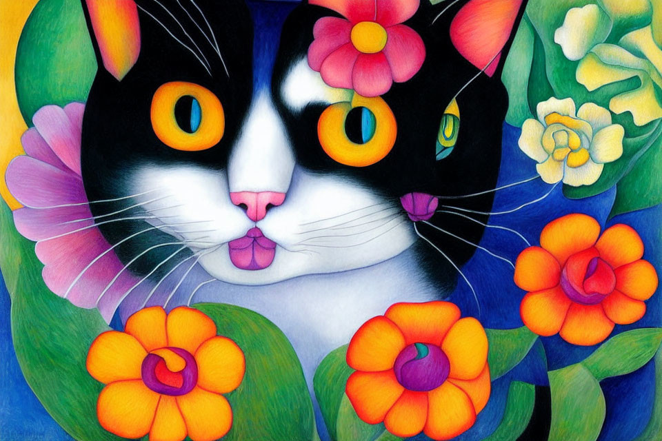 Colorful illustration: Whimsical black and white cat with orange eyes among vibrant flowers on blue-green