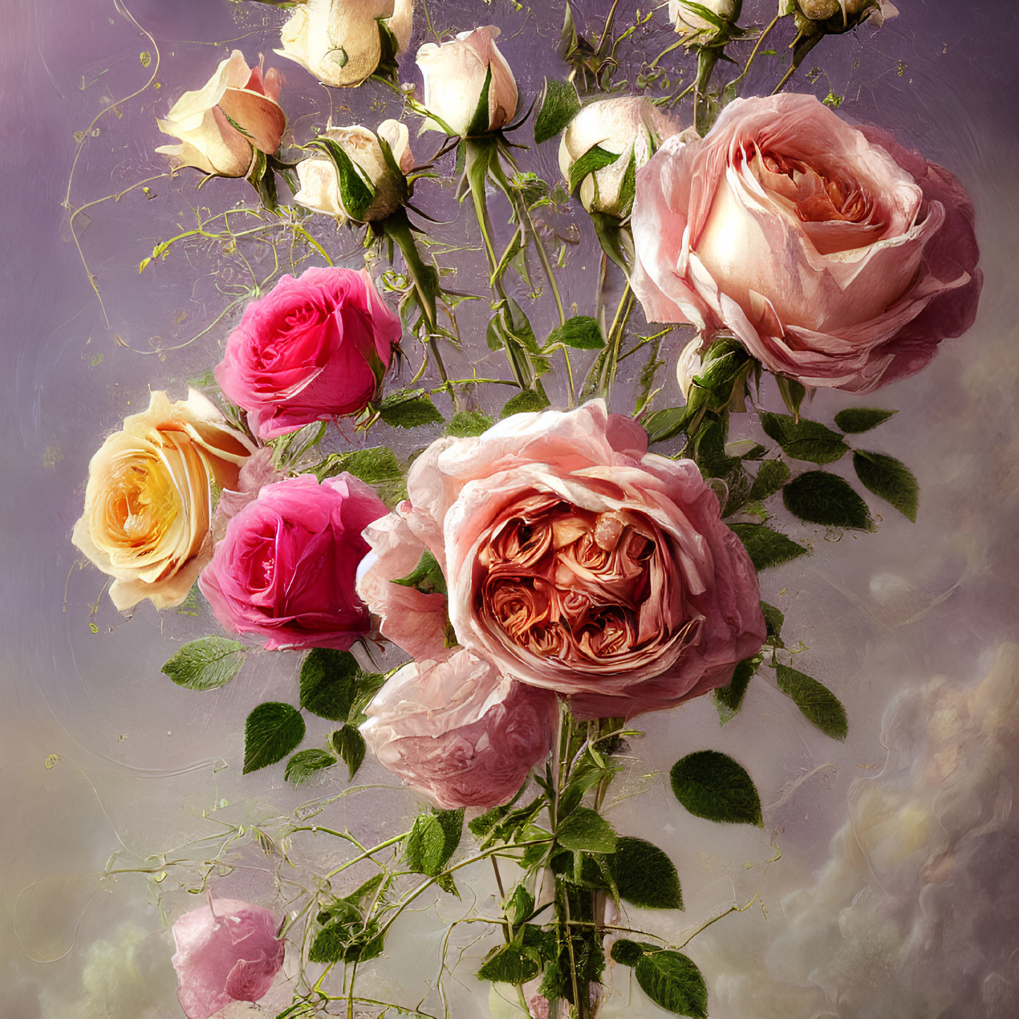 Roses in Pink, Peach, and Cream Against Purple Background
