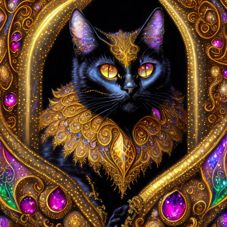 Detailed black cat illustration with golden accents and gemstone frame