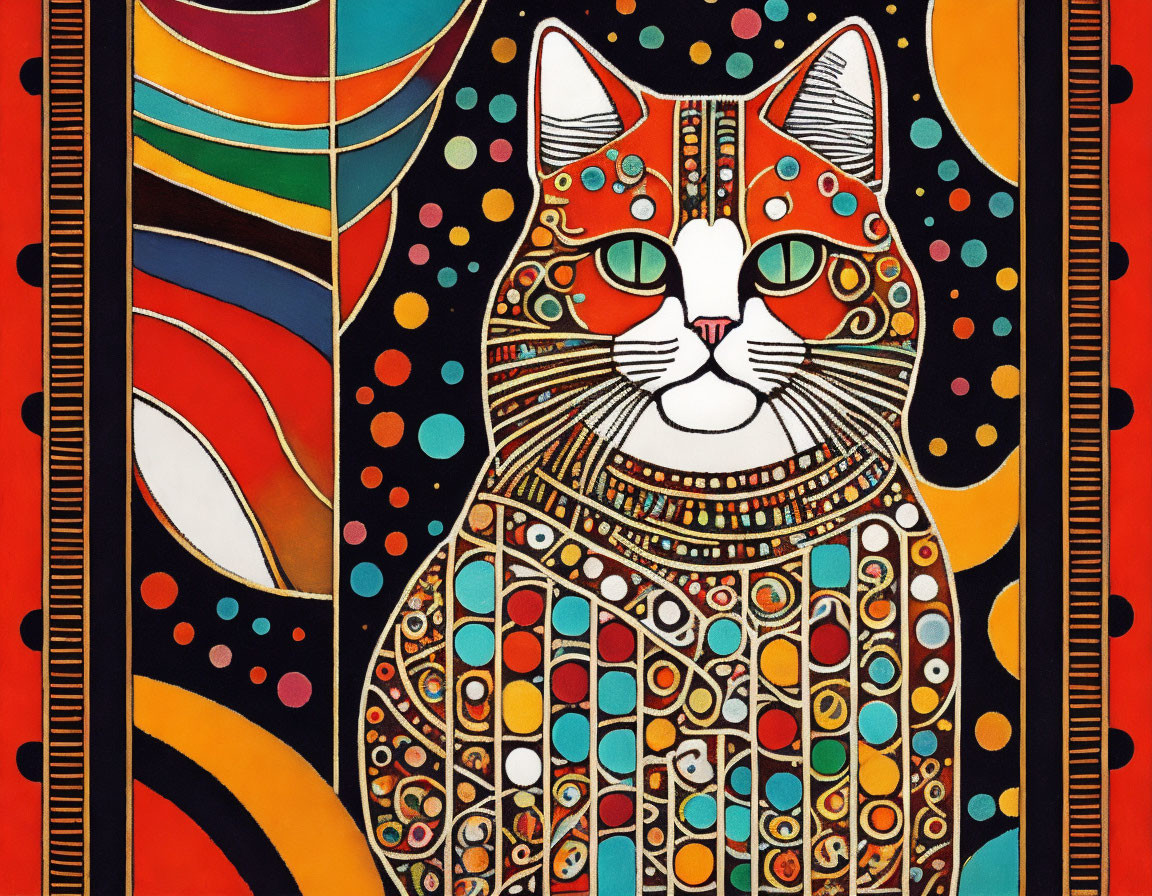 Vibrant cat artwork with intricate patterns on red background