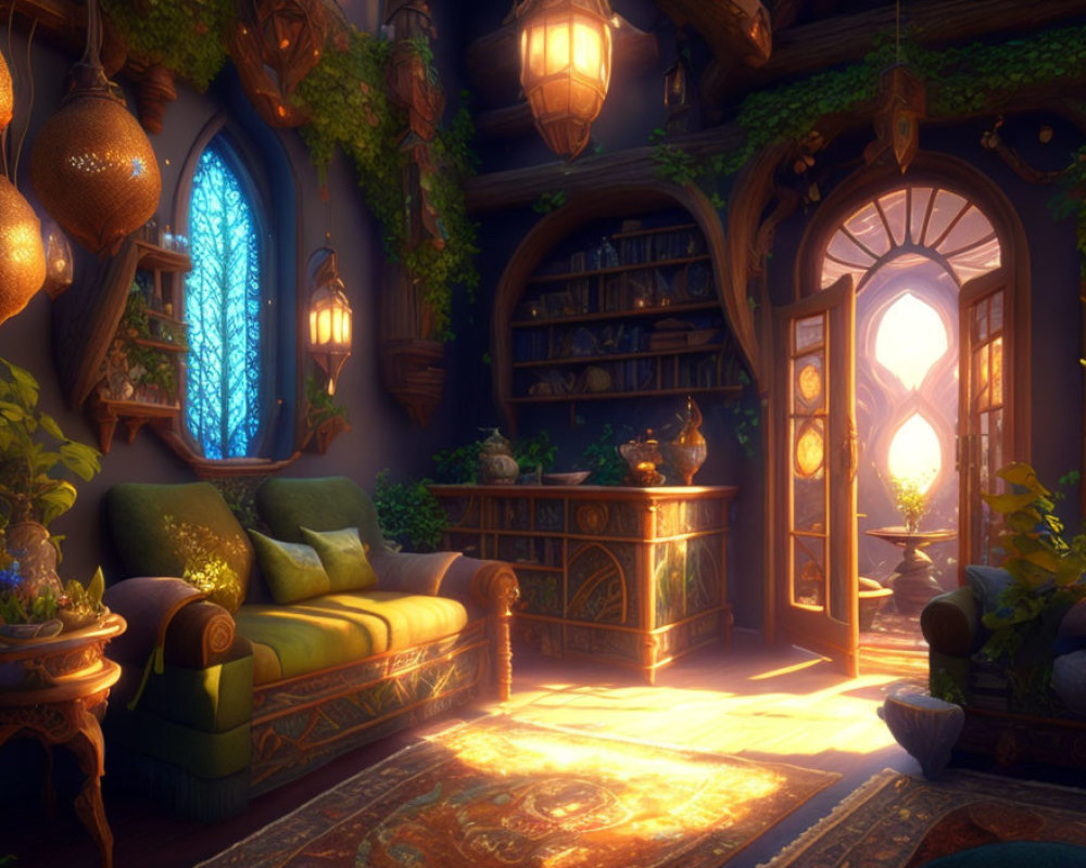 Sunlit Fantasy Room with Green Sofa, Lanterns, Bookshelves, and Vines