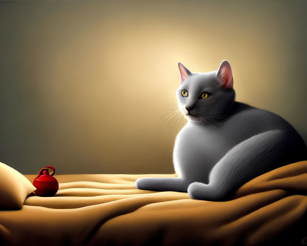 Gray Cat Resting on Golden Blanket with Red Purse Under Soft Light