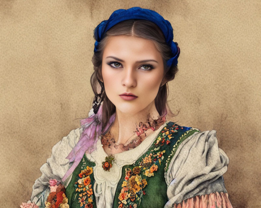 Striking blue-eyed woman in embroidered dress and headscarf against tan backdrop