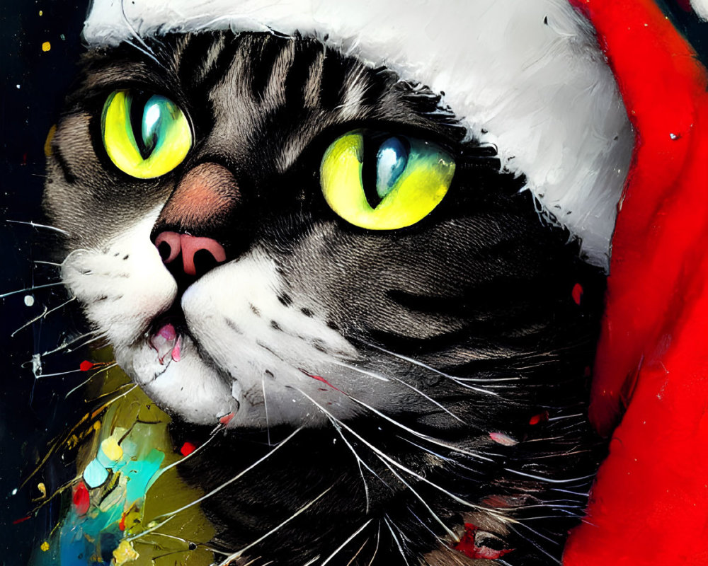 Tabby cat with green eyes in Santa hat on colorful splatter background