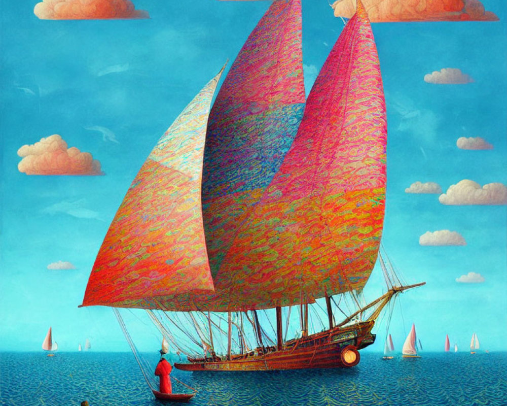 Colorful sailboat illustration on blue sea with clear sky