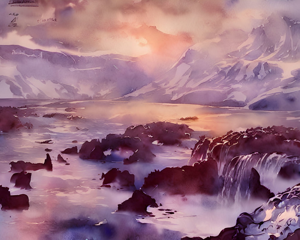Mountain landscape watercolor painting with waterfall under pink sky