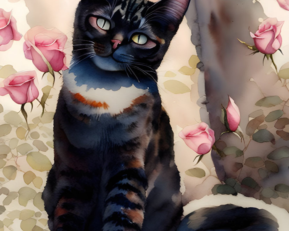 Seated Black Cat with Pink Roses on Beige Background