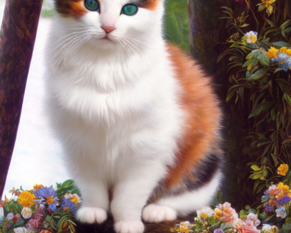 Calico Cat with Green Eyes Surrounded by Flowers and Books