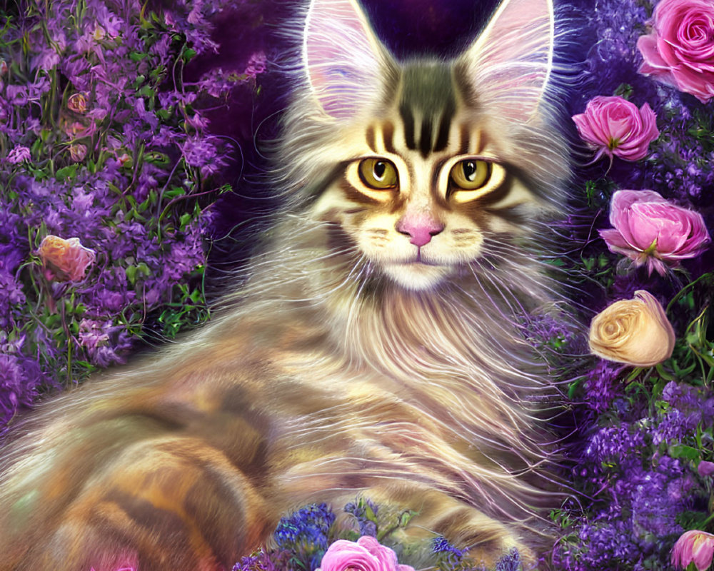 Majestic cat with whiskers and flowers in vibrant illustration