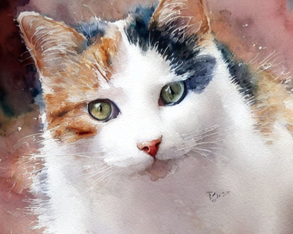 Calico Cat Watercolor Painting with Thoughtful Gaze