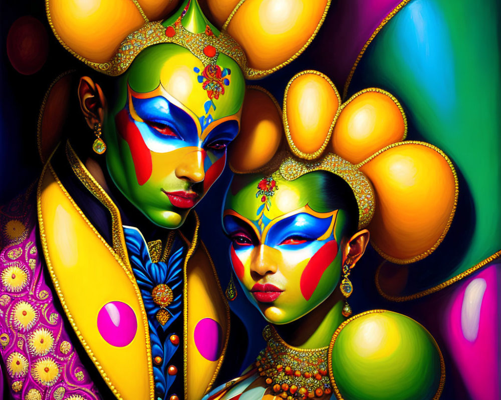 Vibrant body paint on two people with elaborate headpieces