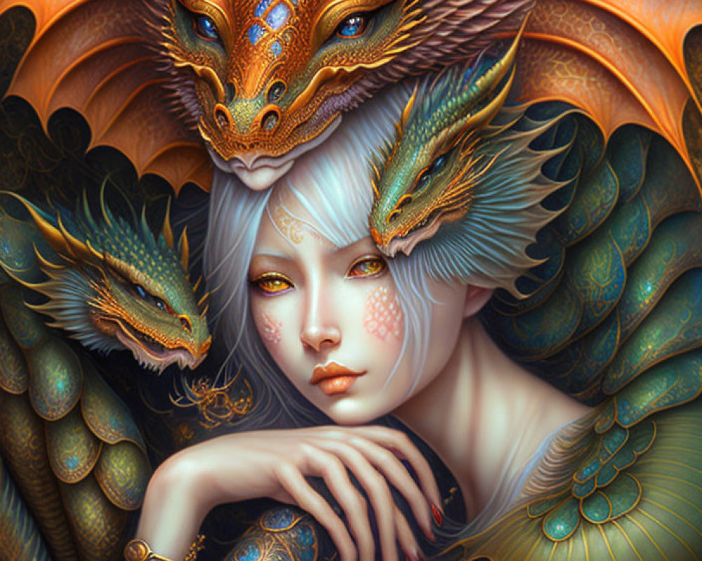 Fantastical illustration: Pale woman, white hair, colorful dragons