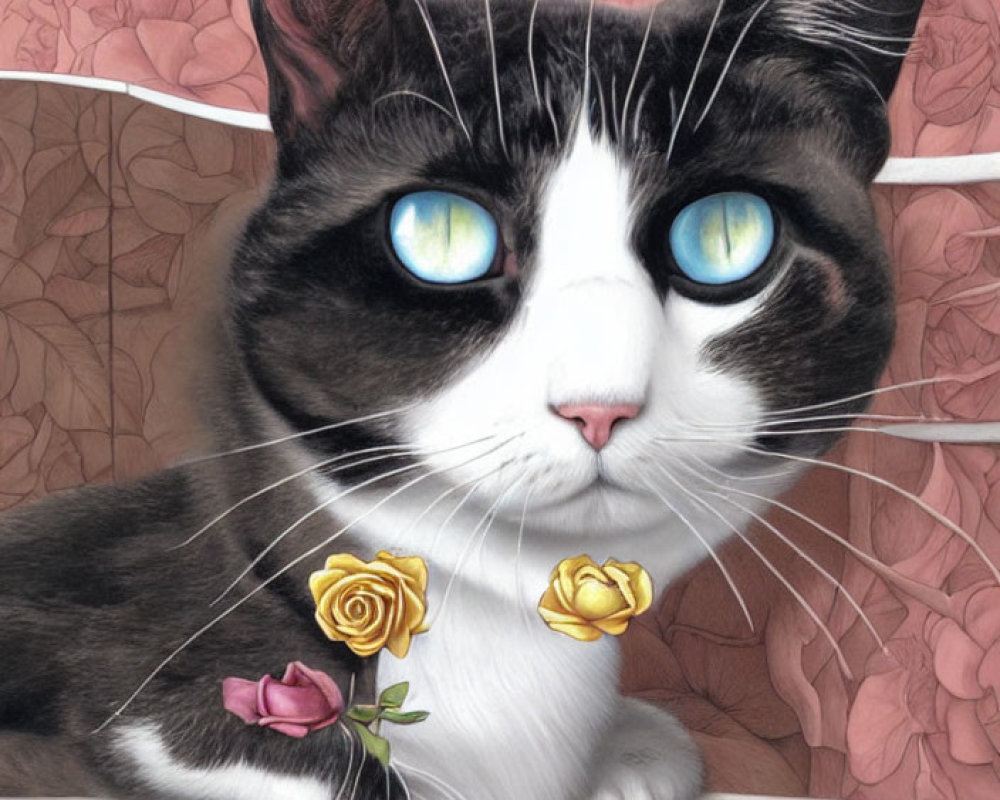 Striking Blue-Eyed Tuxedo Cat with Roses in Mouth Against Floral Background