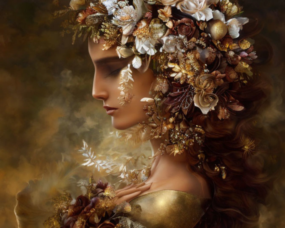 Luxurious floral crown and golden attire in warm autumn colors against textured background