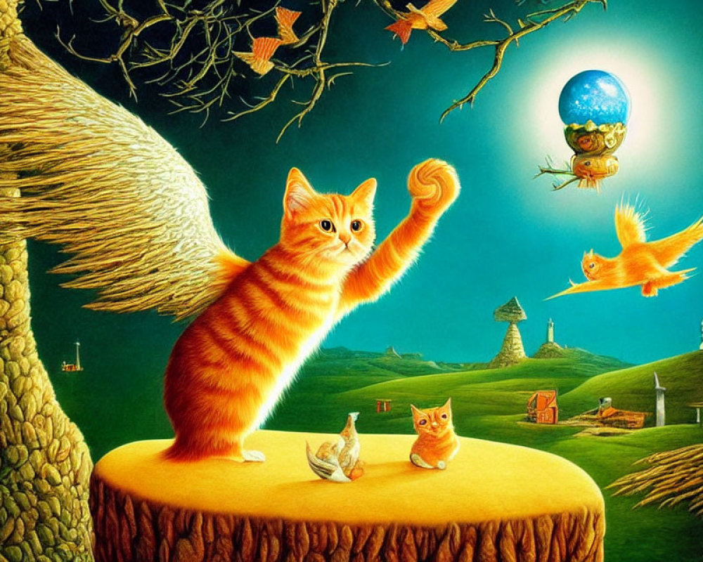 Orange Cat Observing Surreal Landscape with Bird-Fish Flying by Full Moon