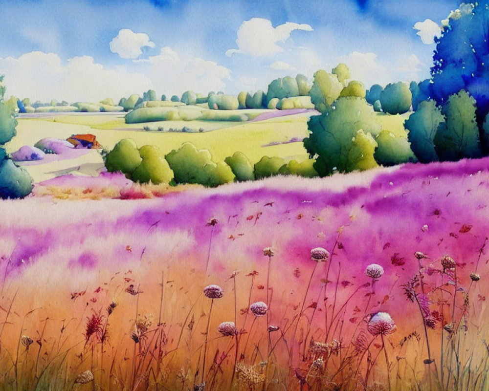 Lavender Field Watercolor Landscape with Green Hills