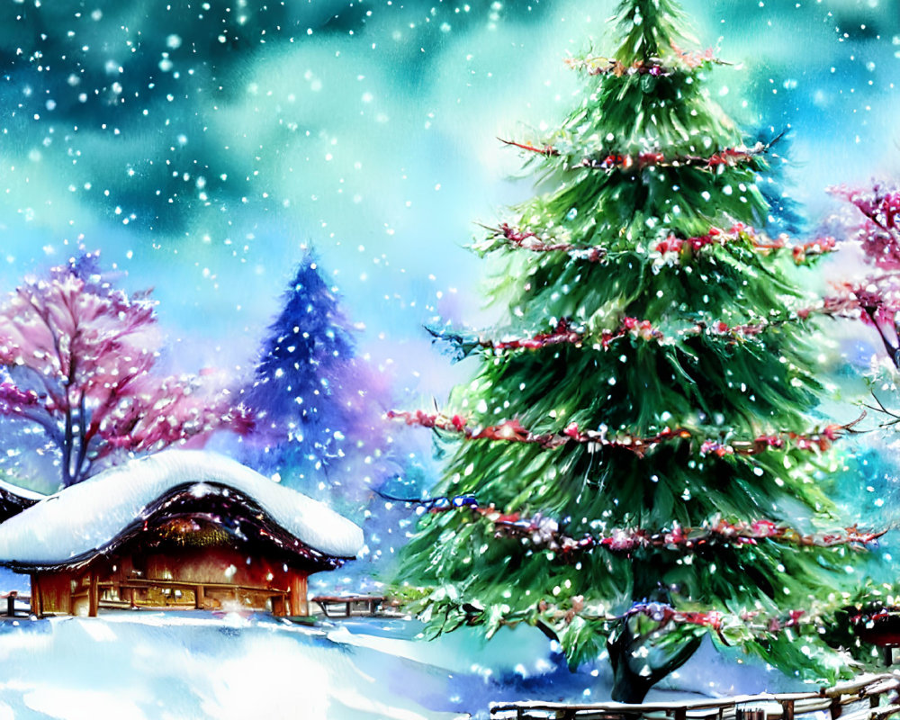 Winter scene with Christmas tree, snow-covered cabin, pink trees, falling snow.