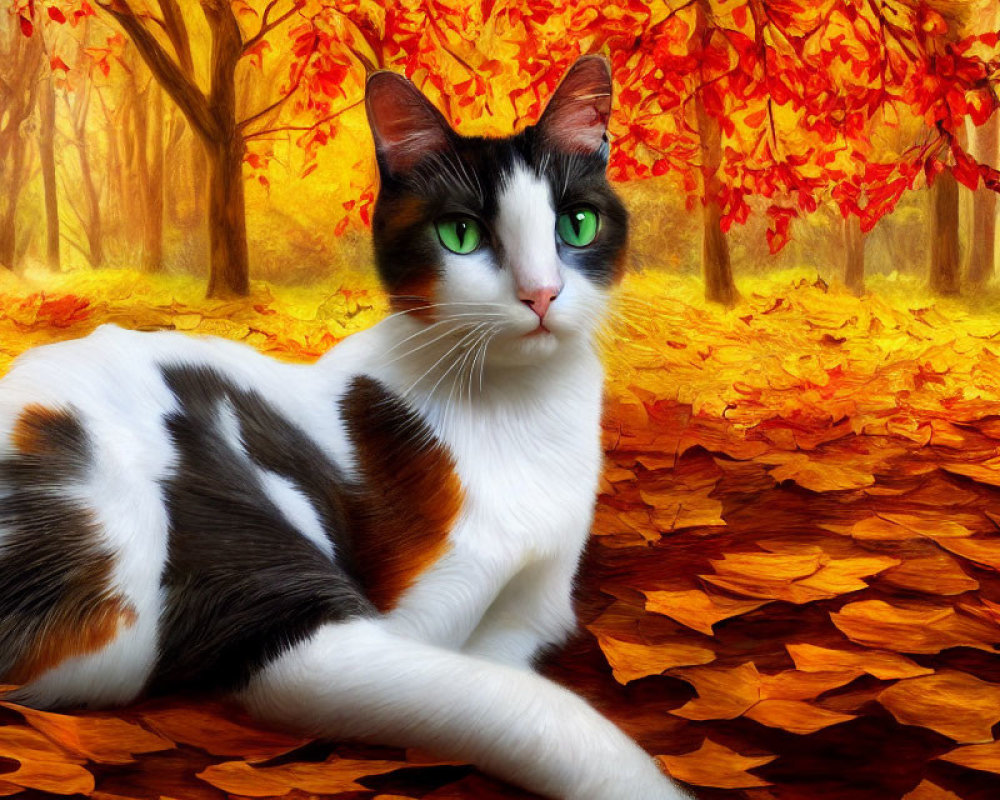 Black and white cat surrounded by autumn leaves in colorful forest