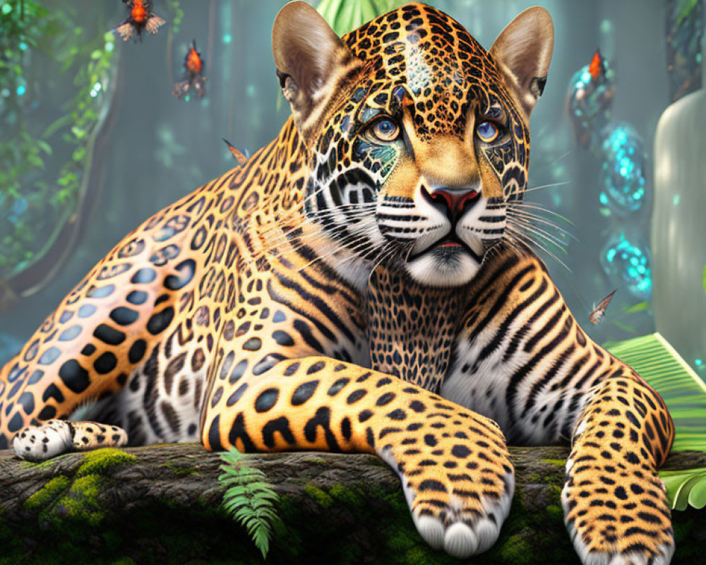 Majestic jaguar resting on mossy log in lush jungle
