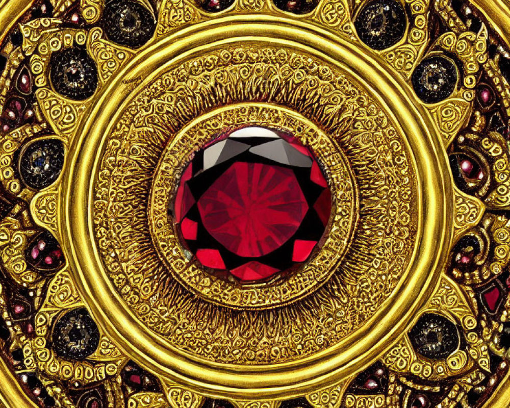 Intricate Golden Mandala Design with Large Ruby