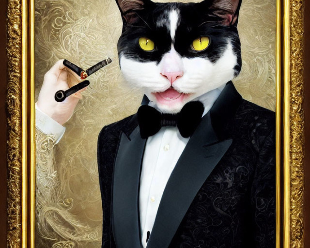Whimsical portrait of cat with human body in tuxedo