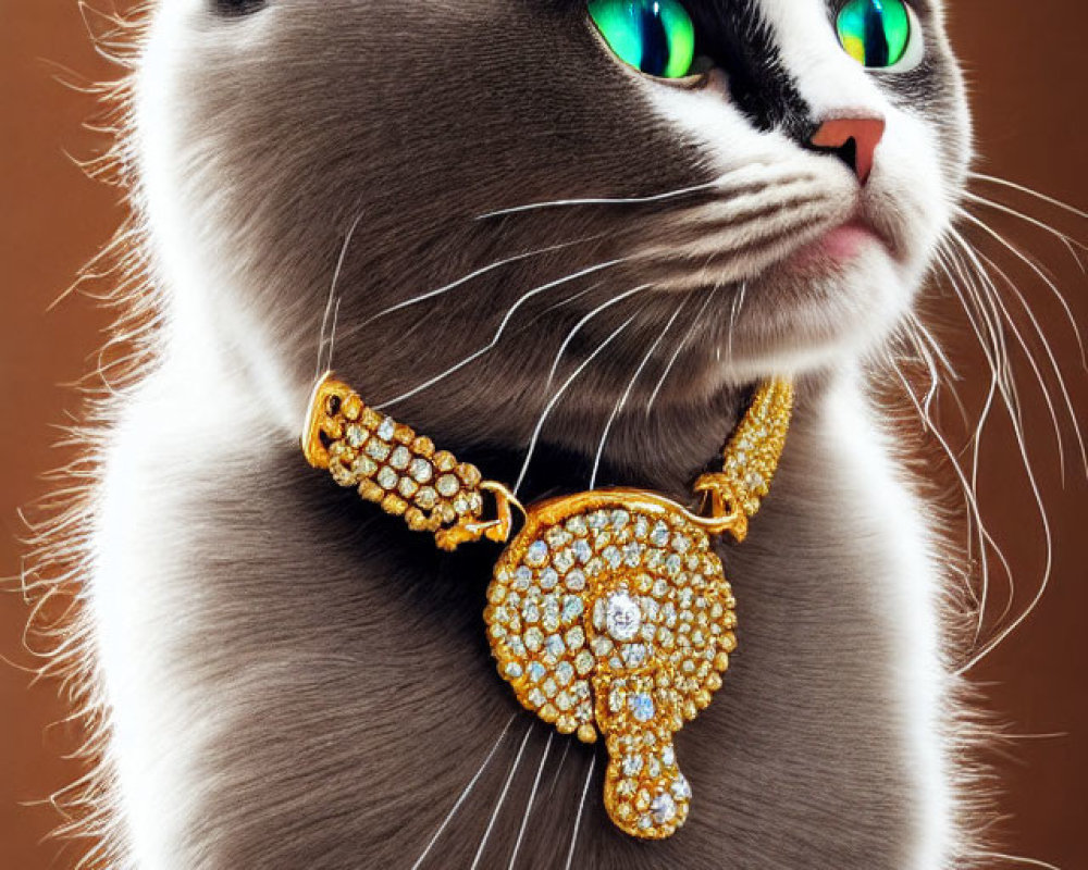Gray and White Cat with Green Eyes Wearing Golden Necklace on Brown Background