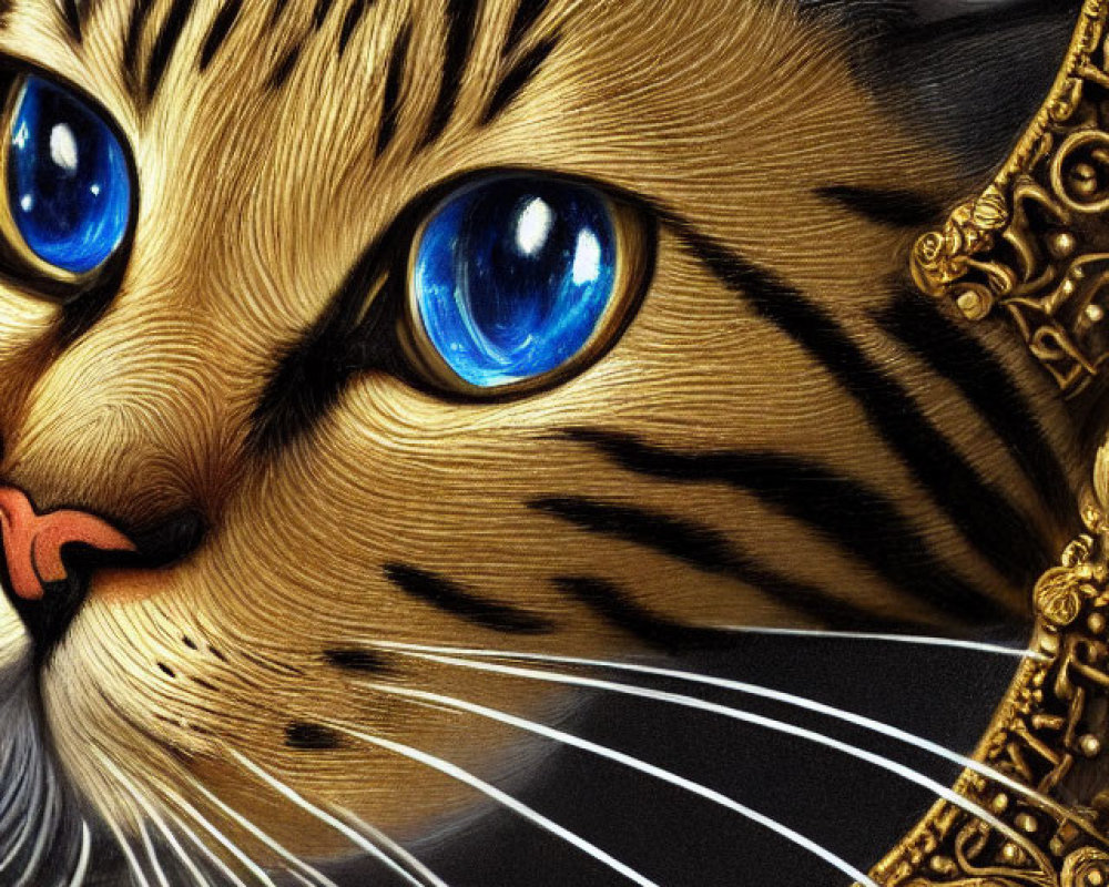 Detailed whimsical cat illustration with blue eyes and gold fur patterns