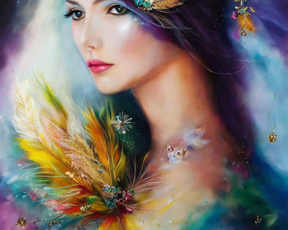 Colorful painting of woman with feather accessory, insects, and rodent.