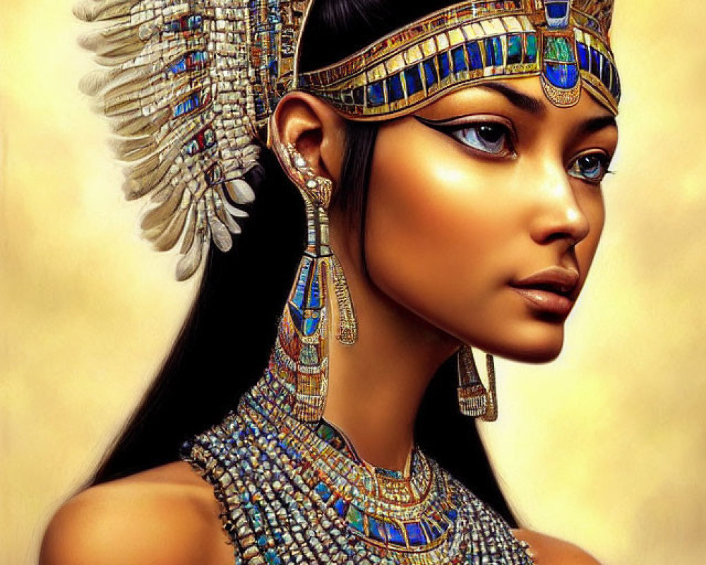 Digital portrait of a woman in ancient Egyptian style with headdress, collar necklace, and makeup