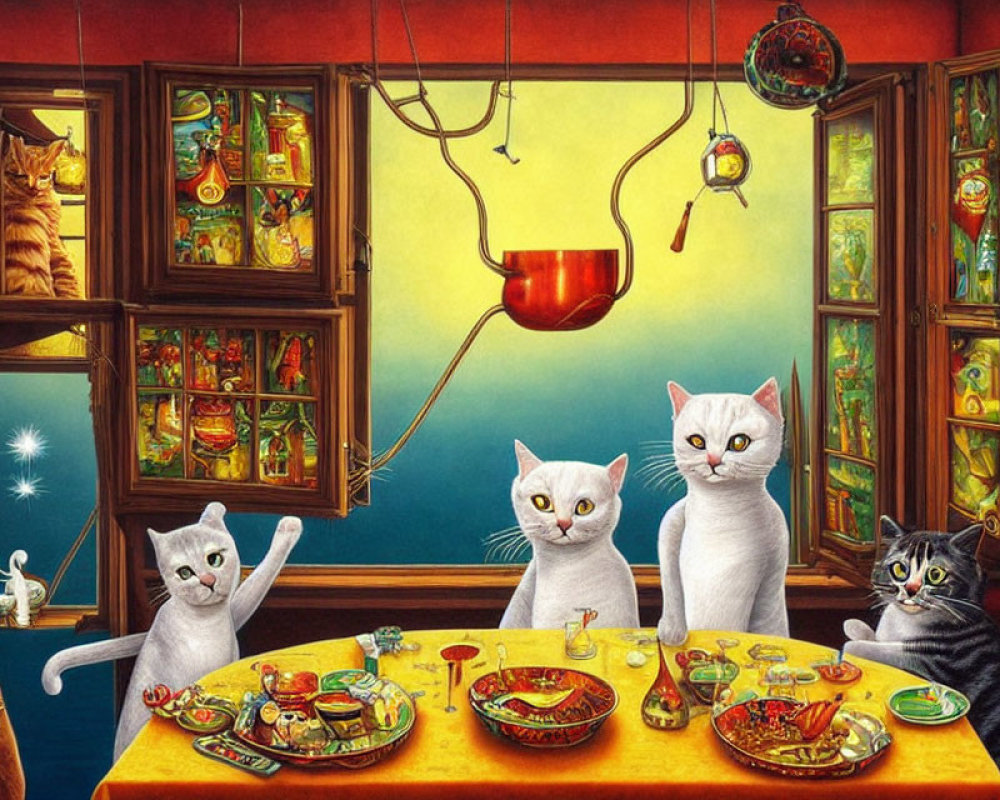 Four Cats Dining in Colorful Room with Blue Sky View