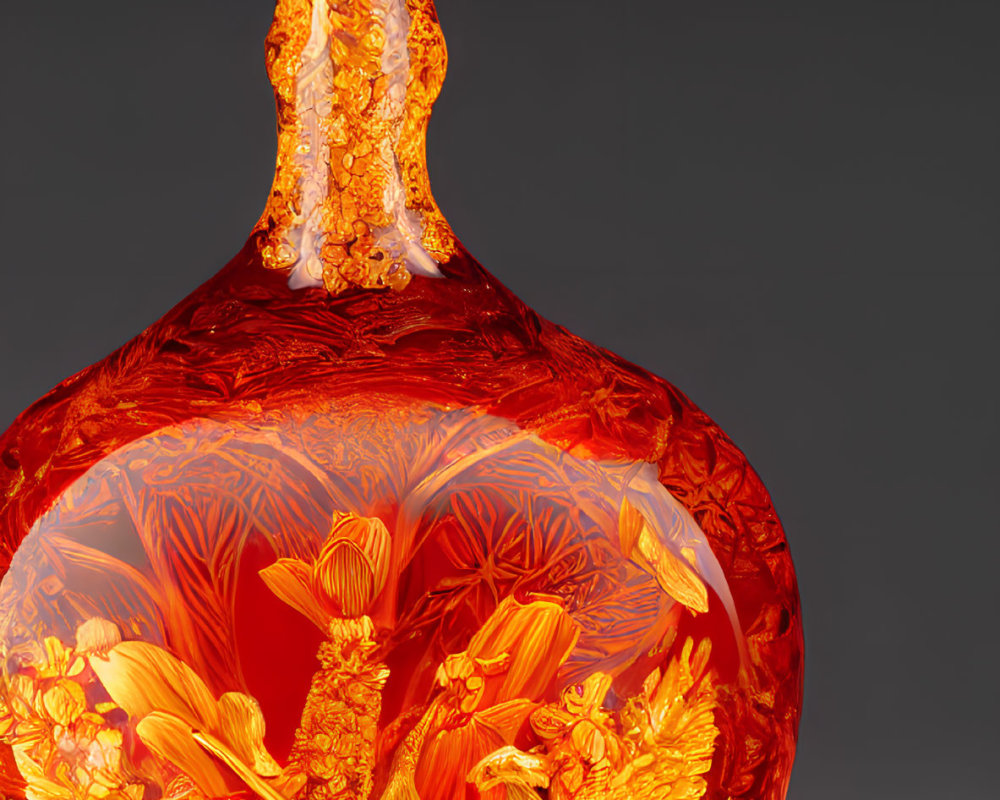 Amber Glass Decanter with Floral and Avian Designs on Gradient Background