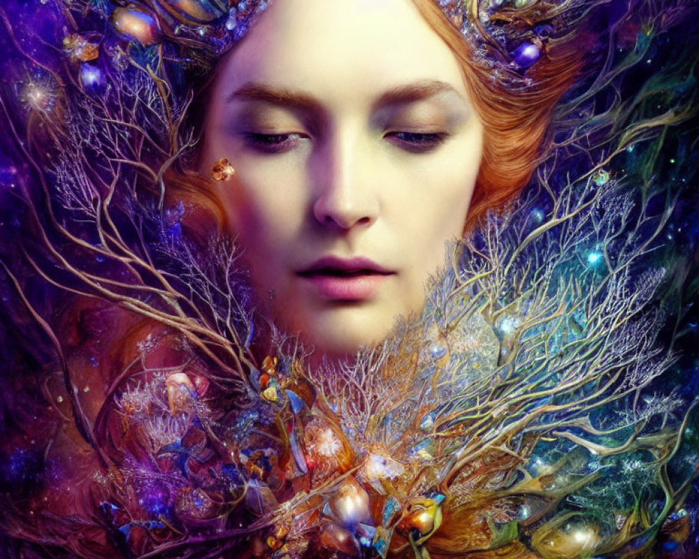 Vibrant portrait featuring person with fiery red hair and intricate forest headdress